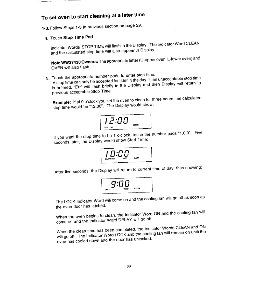 Jenn-Air WM27460, WW27430S, W27400S manual To set oven to start cleaning at a later time, Touch Stop Time Pad 