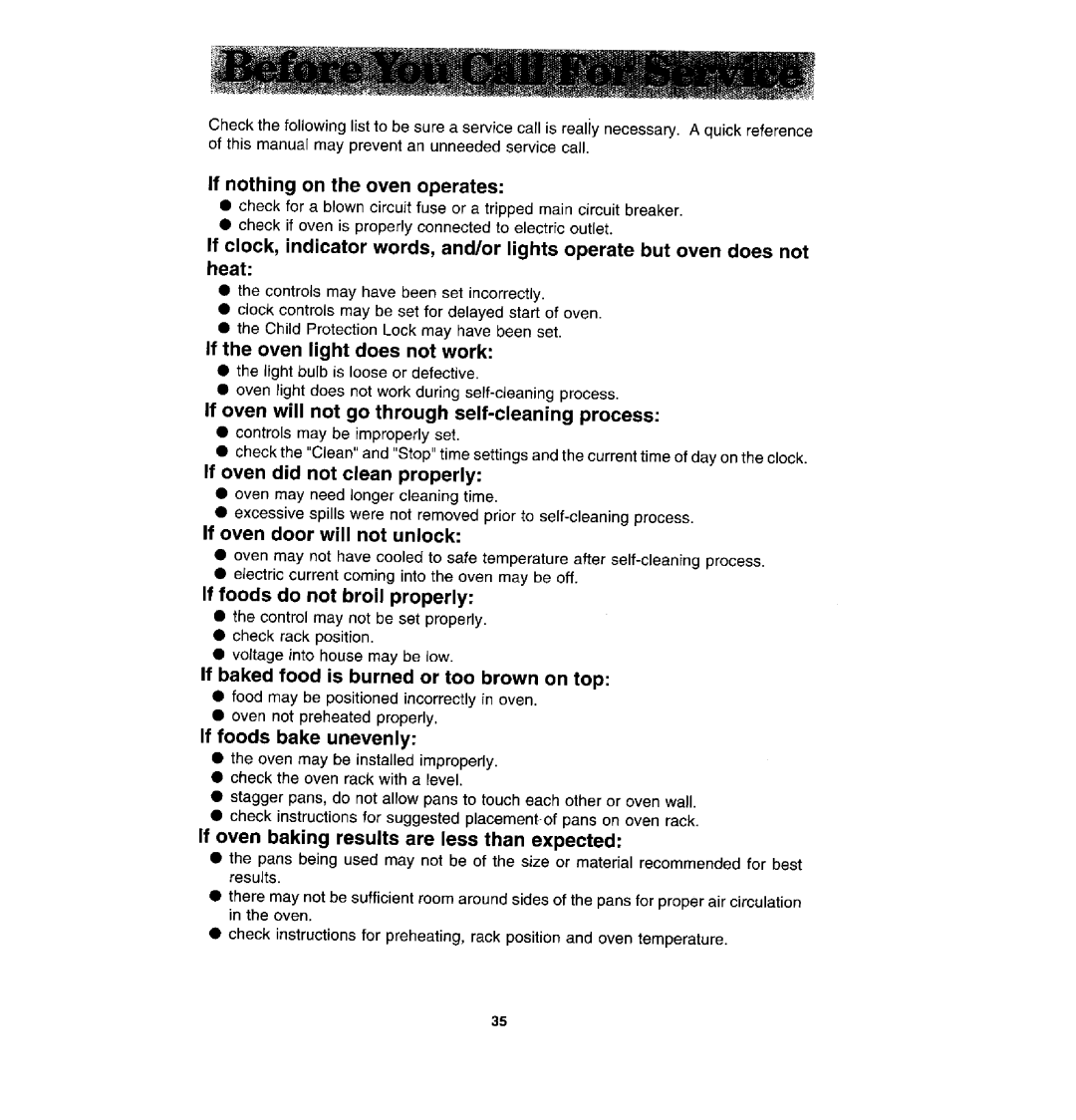 Jenn-Air WM27460, WW27430S, W27400S manual If the oven light does not work, If baked food is burned or too brown on top 