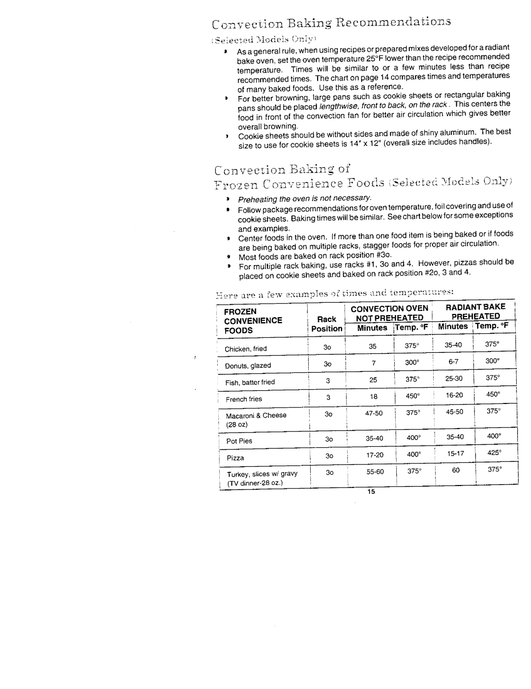 Jenn-Air W2410, W2450B, W2720, WW2750, WM2720, WM2750 manual Conveclon Bzng o Frozen Convenience Foods Selected,rod,sisOn 