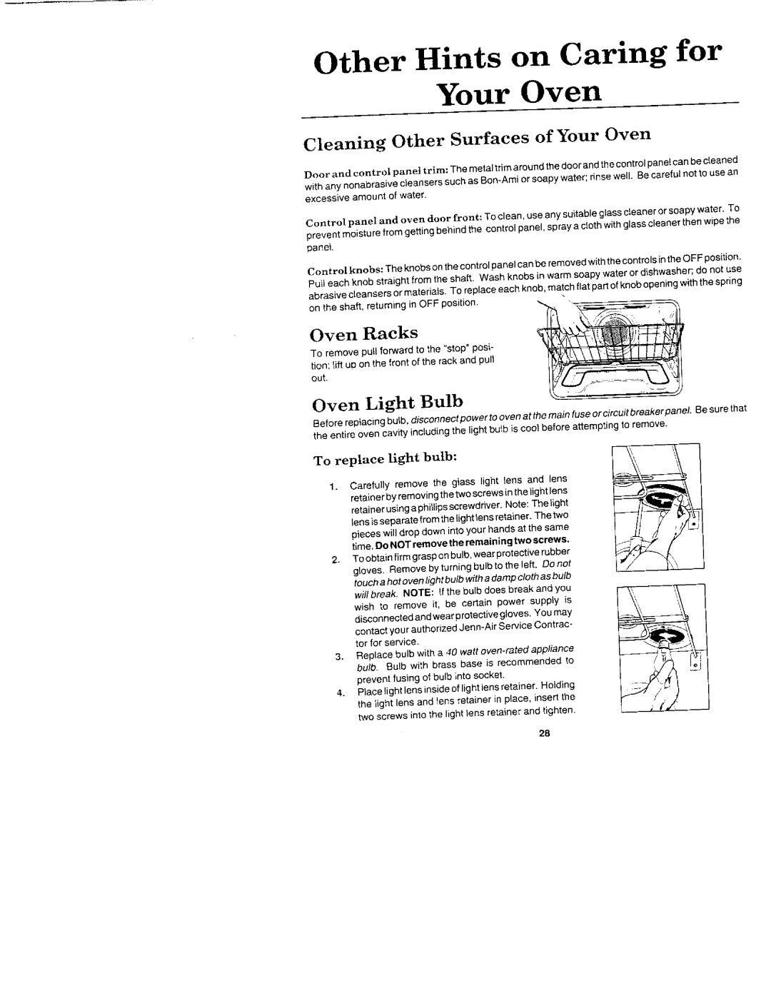 Jenn-Air WW2750, W2450B, W2720, WM2720, WM2750 manual Other Hints on Caring for Your Oven, Cleaning Other Surfaces of Your Oven 