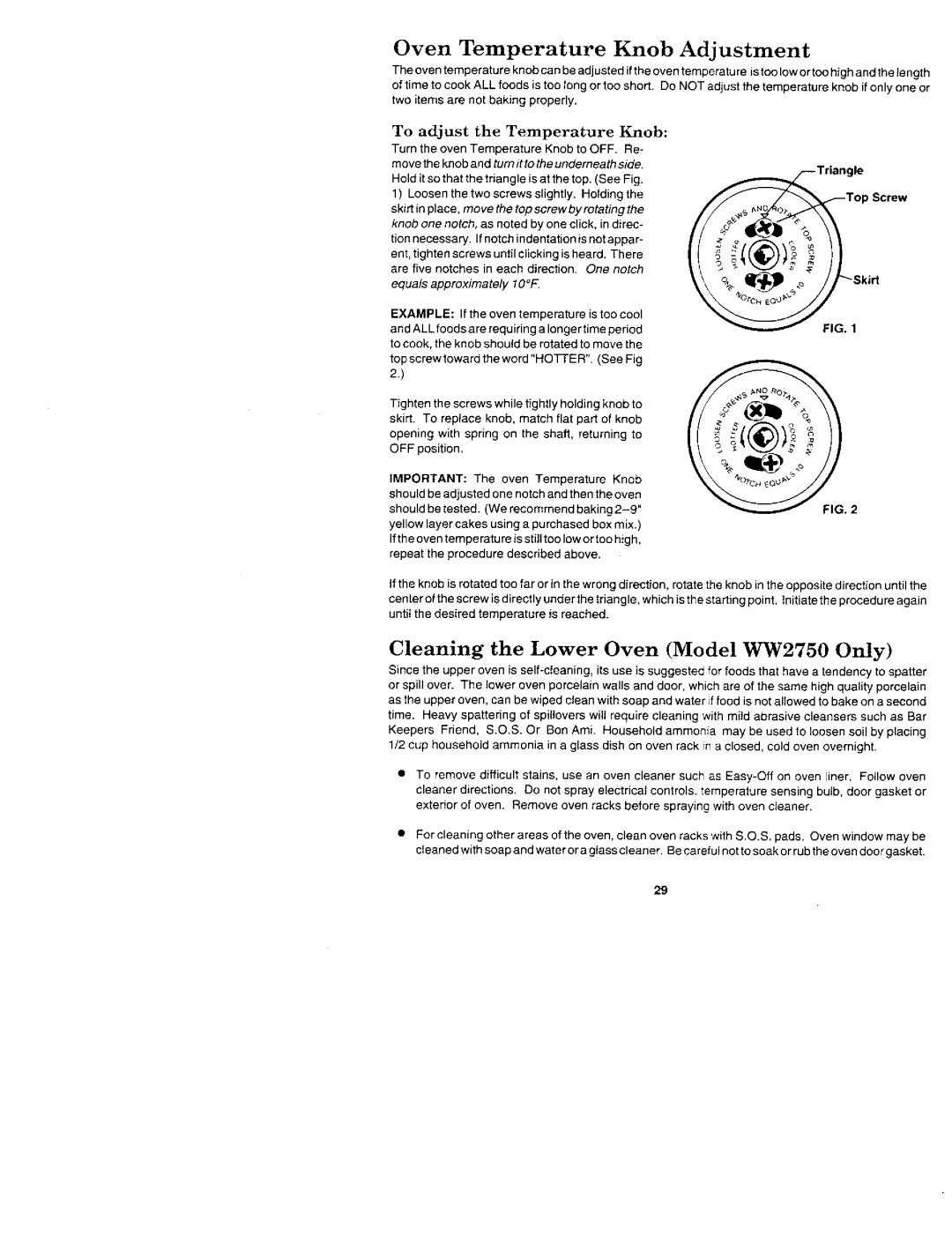 Jenn-Air WM2720, W2450B, W2720, WM2750, W2410 Oven Temperature Knob Adjustment, Cleaning the Lower Oven Model WW2750 Only 