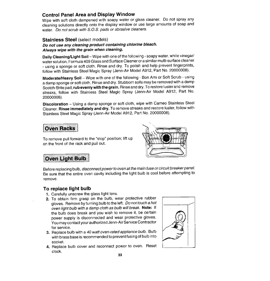 Jenn-Air WM30460, WW30430S, W30400S manual Control Panel Area and Display Window, To replace light bulb 