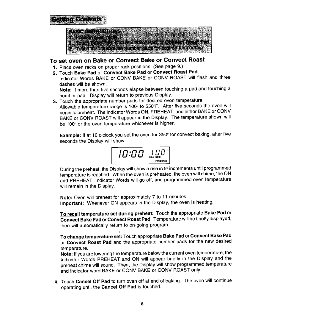 Jenn-Air WM30460, WW30430S, W30400S manual I000, To set oven on Bake or Convect Bake or Convect Roast 