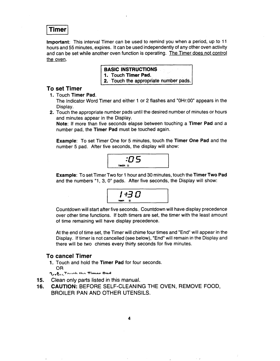 Jenn-Air W30400 manual To set Timer, To cancel Timer, Touch the appropriate number pads 