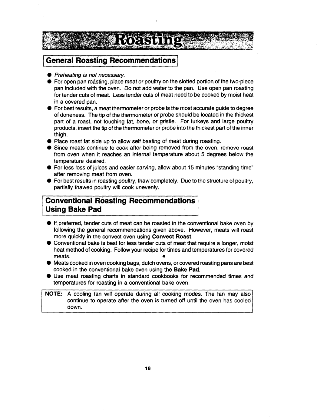 Jenn-Air W30400 manual General Roasting Recommendations, Conventional Roasting Recommendations Using Bake Pad 