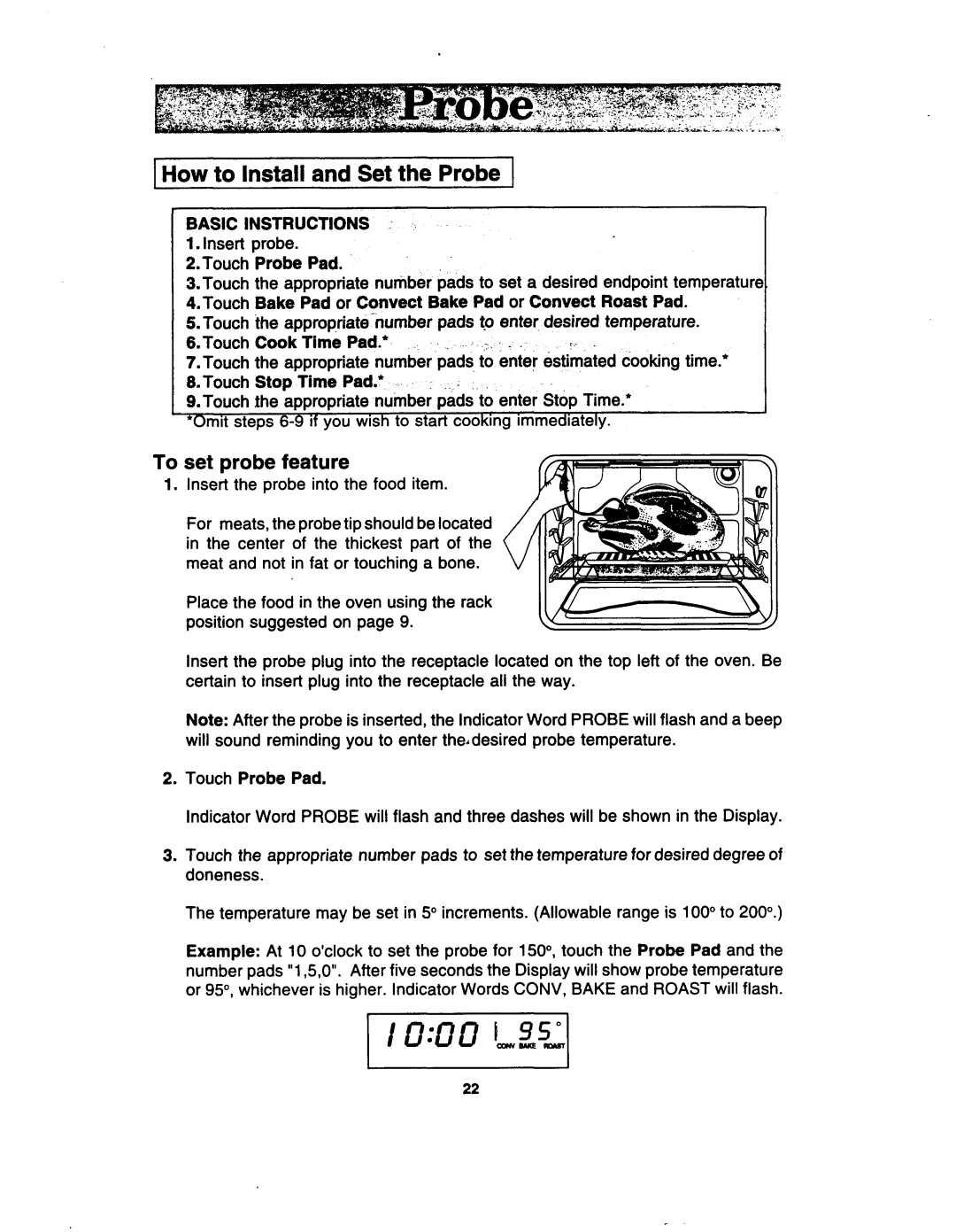 Jenn-Air W30400 manual 1How to Install and Set the Probe, To set probe feature, Touch, Insert the probe into the food item 