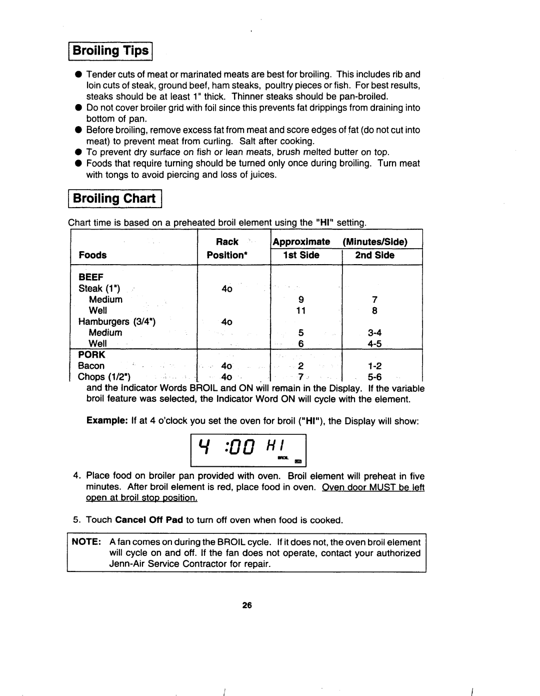 Jenn-Air W30400 manual 1Broiling Tips, 1Broiling Chart 