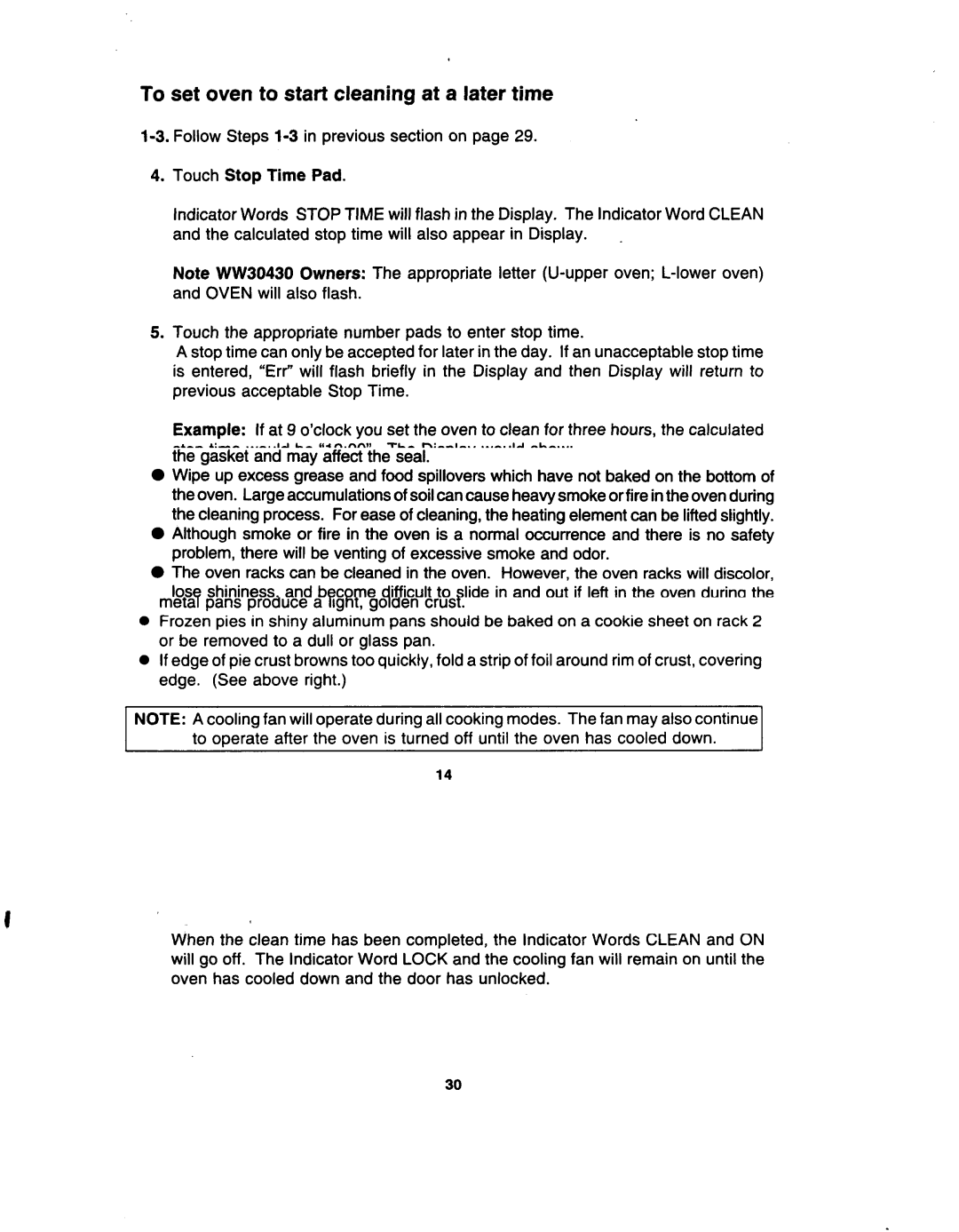 Jenn-Air W30400 manual To set oven to start cleaning at a later time, Follow Steps 1-3 in previous section on 