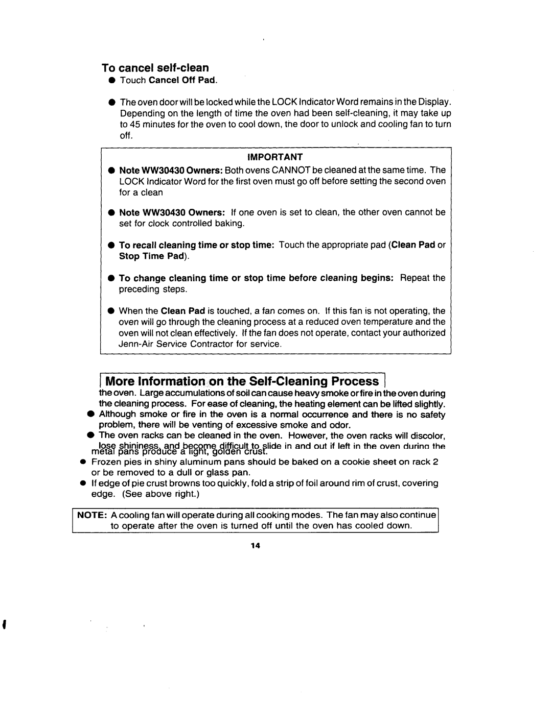 Jenn-Air W30400 manual More Information on the Self-Cleaning Process, To cancel self-clean 