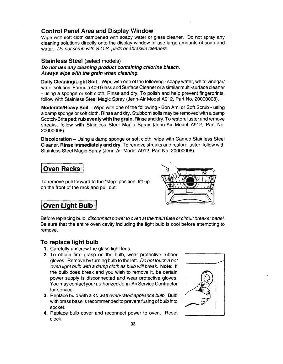 Jenn-Air W30400 manual Oven Light Bulb, Control Panel Area and Display Window, Stainless Steel select models 