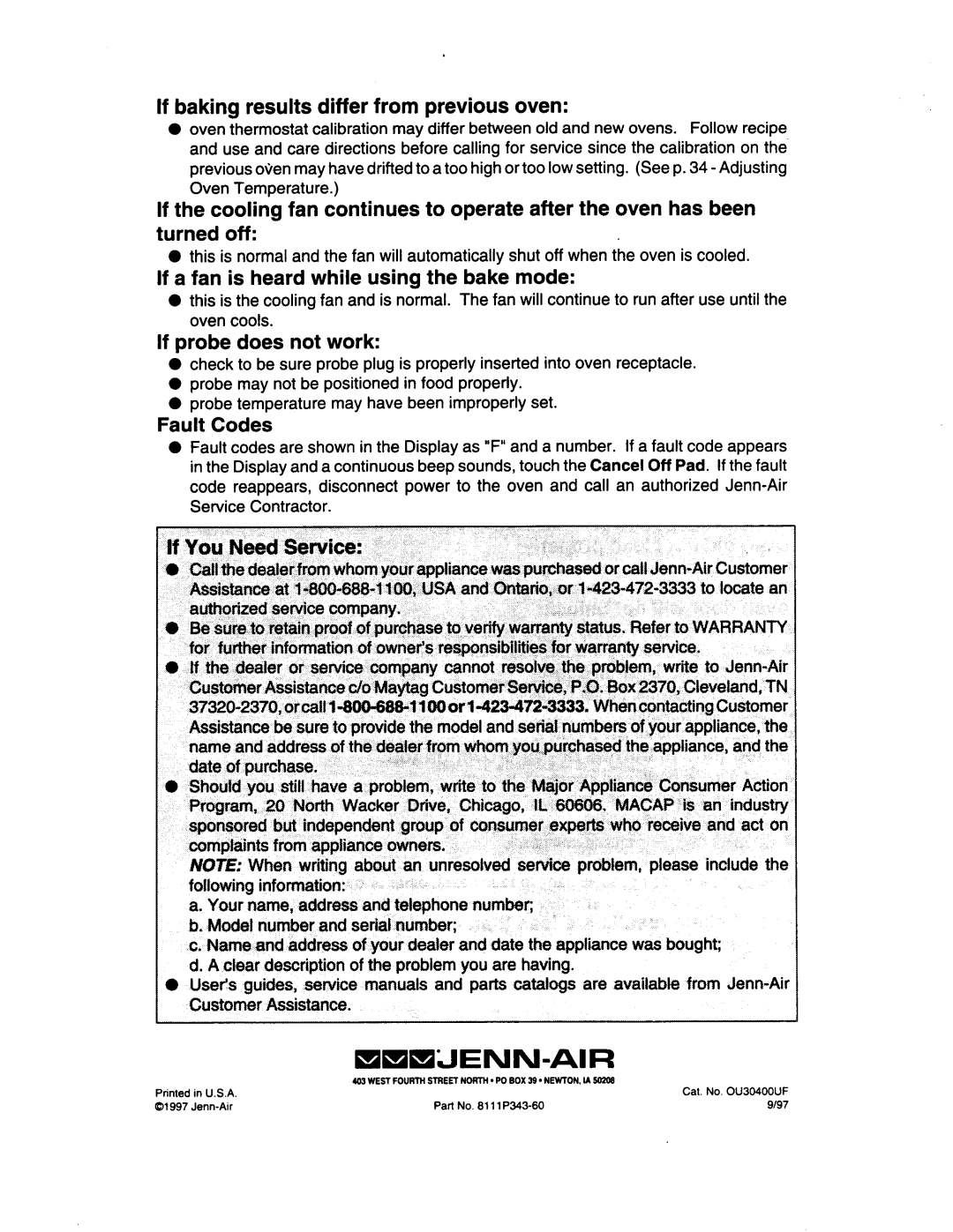 Jenn-Air W30400 If baking results differ from previous oven, If a fan is heard while using the bake mode, Fault Codes 