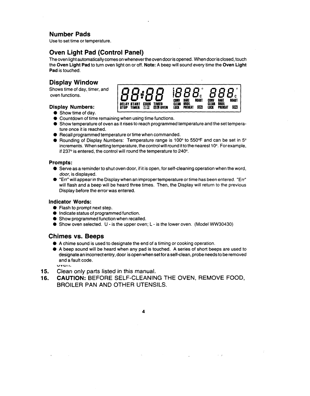 Jenn-Air W30400 manual Number Pads, Oven Light Pad Control Panel, Window, Chimes vs. Beeps 