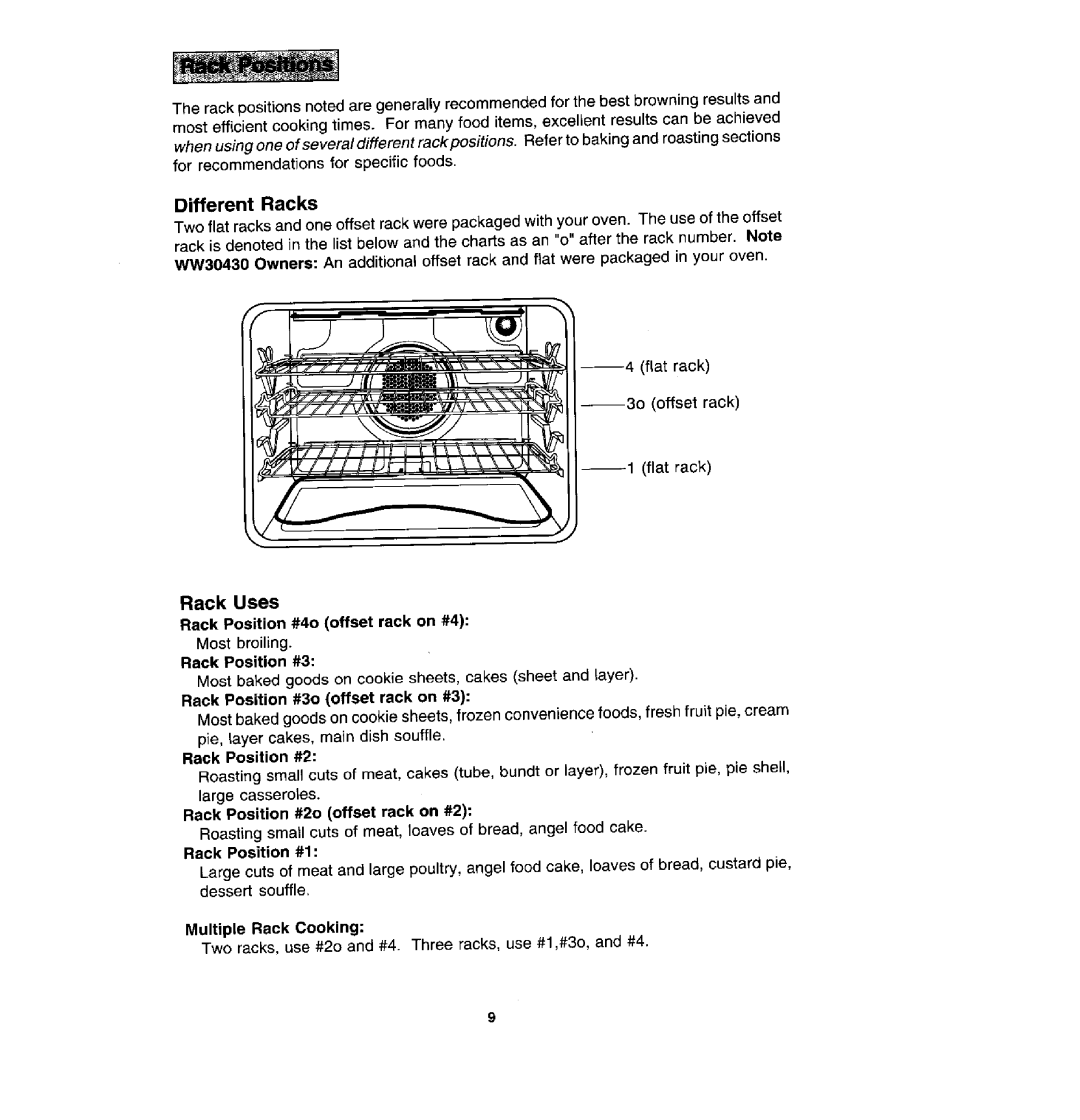 Jenn-Air W30400P, WM27430P manual Different Racks, Rack Uses 