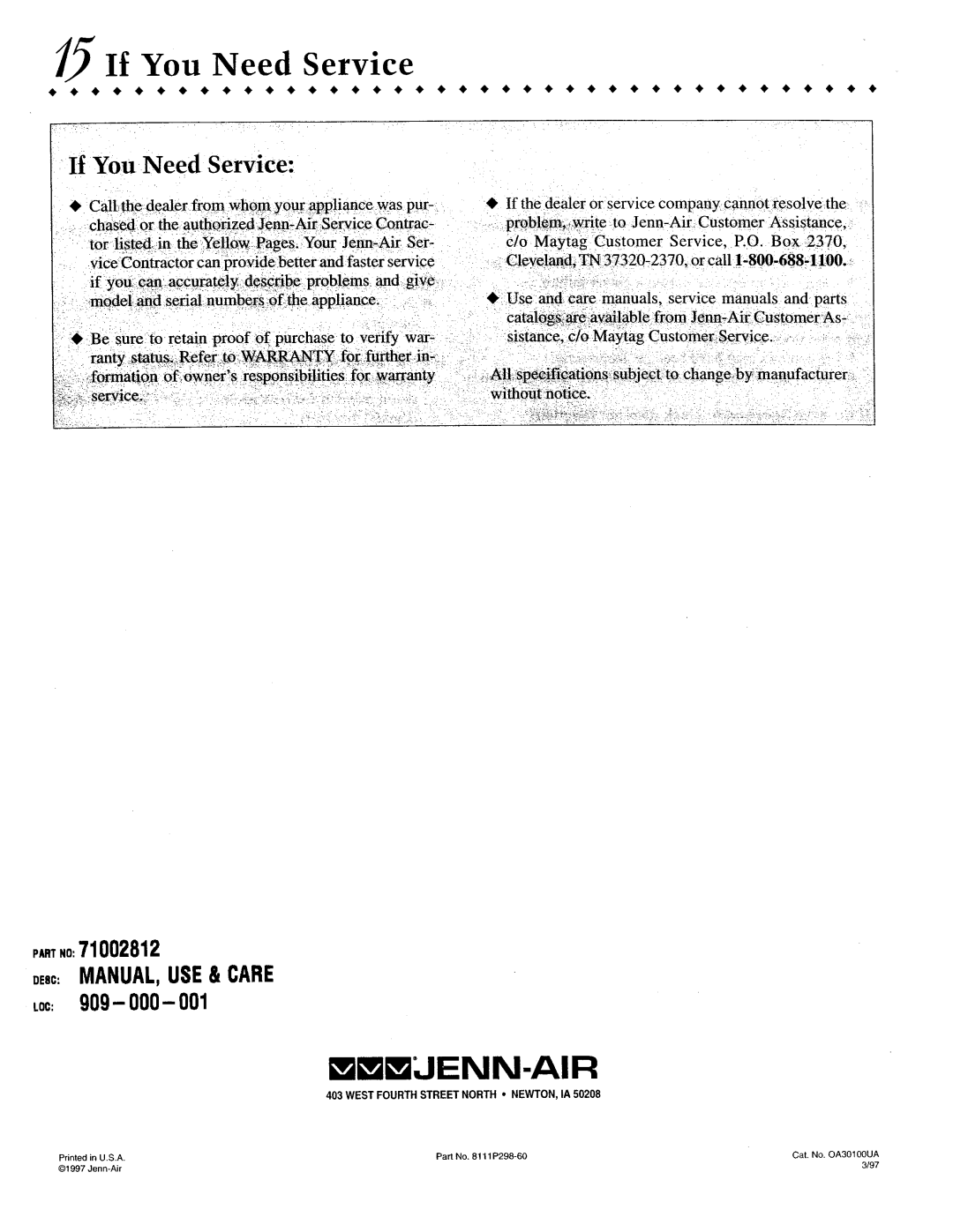 Jenn-Air WG30100 manual 