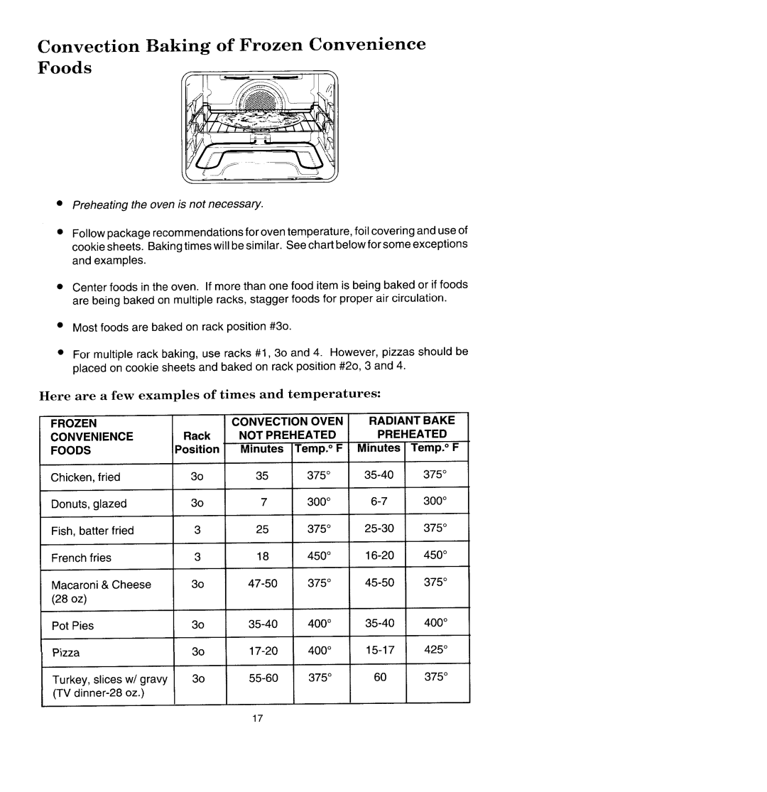 Jenn-Air W2780, WM2780 Convection Baking of Frozen Convenience Foods, Here are a few examples of times and temperatures 