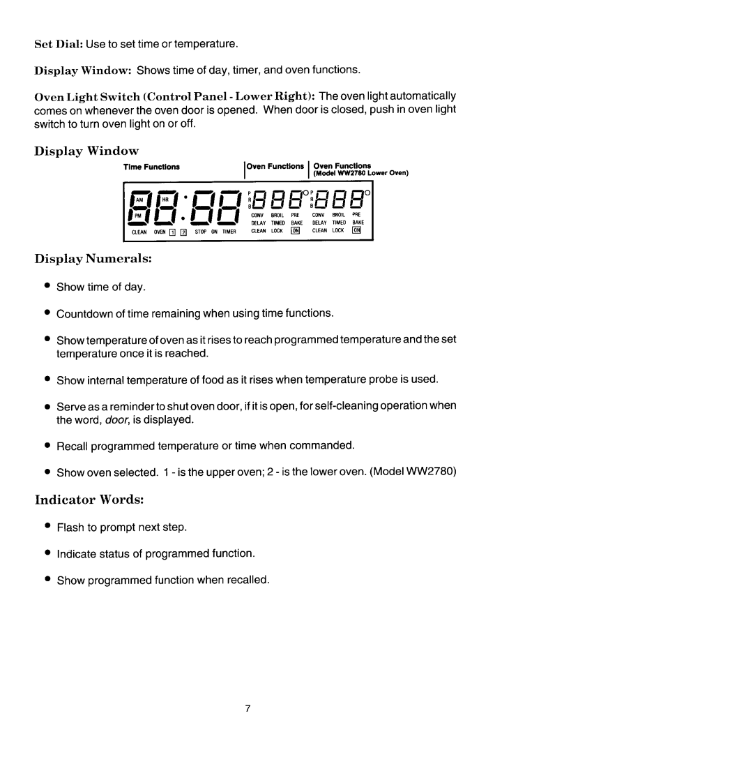 Jenn-Air WM2780, WW2780 manual Display Window, Display Numerals, Indicator Words 