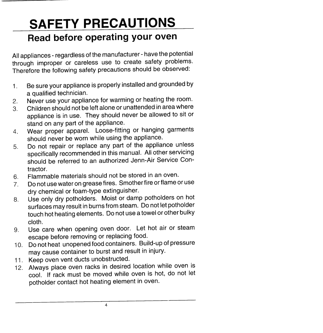 Jenn-Air WM2780, WW2780 manual Safety Precautions, Read before operating your oven 