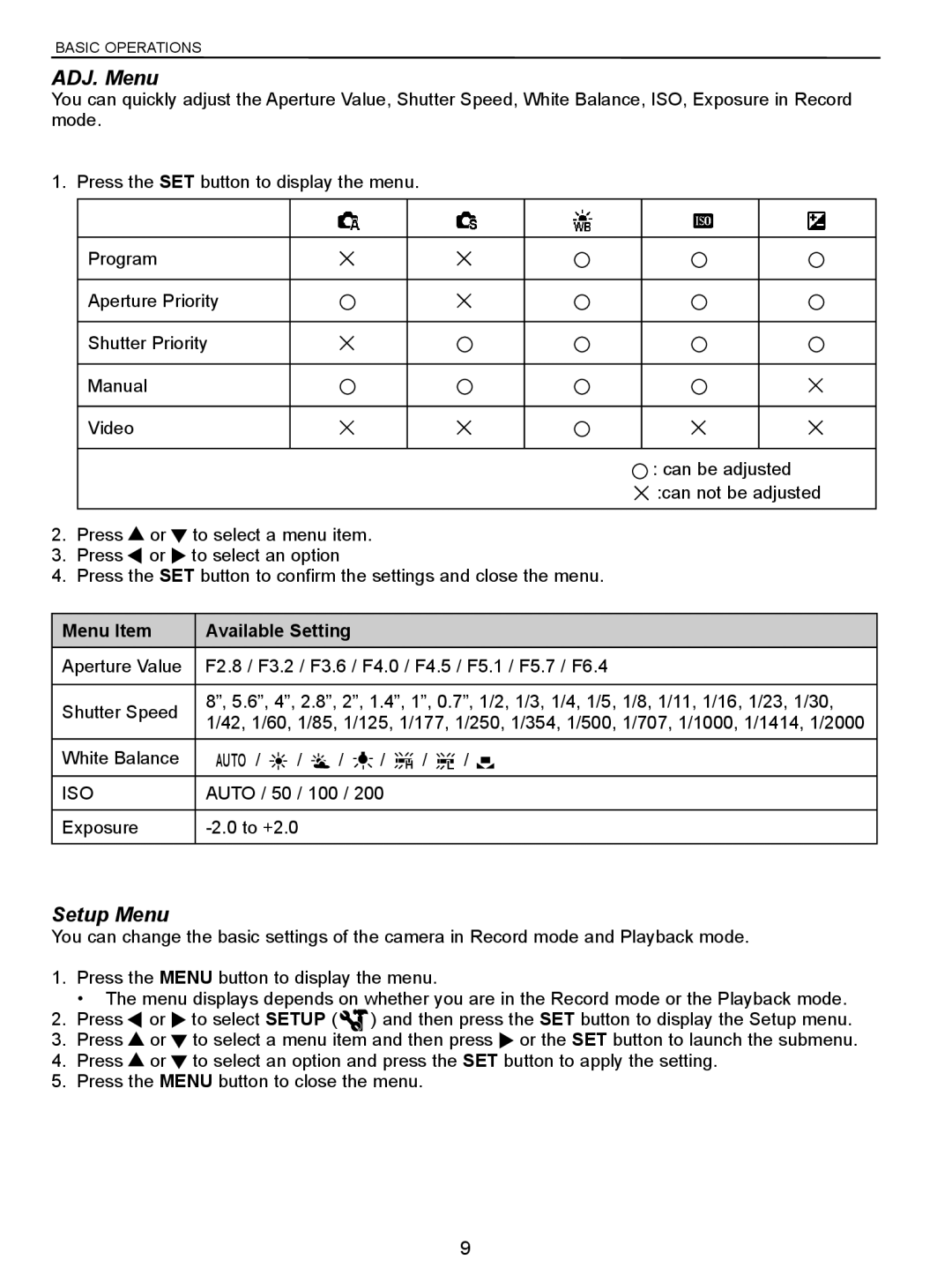 Jenoptik 10.0Z3 manual ADJ. Menu, Setup Menu, Menu Item Available Setting 