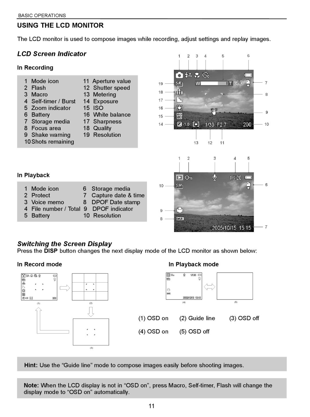 Jenoptik 10.0Z3 manual Using the LCD Monitor, LCD Screen Indicator, Switching the Screen Display 