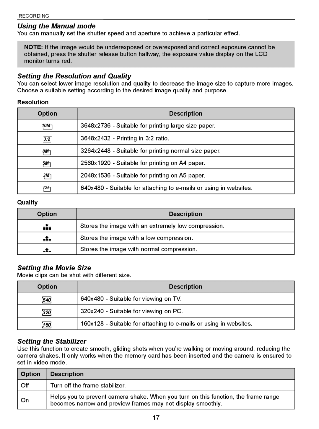 Jenoptik 10.0Z3 Using the Manual mode, Setting the Resolution and Quality, Setting the Movie Size, Setting the Stabilizer 