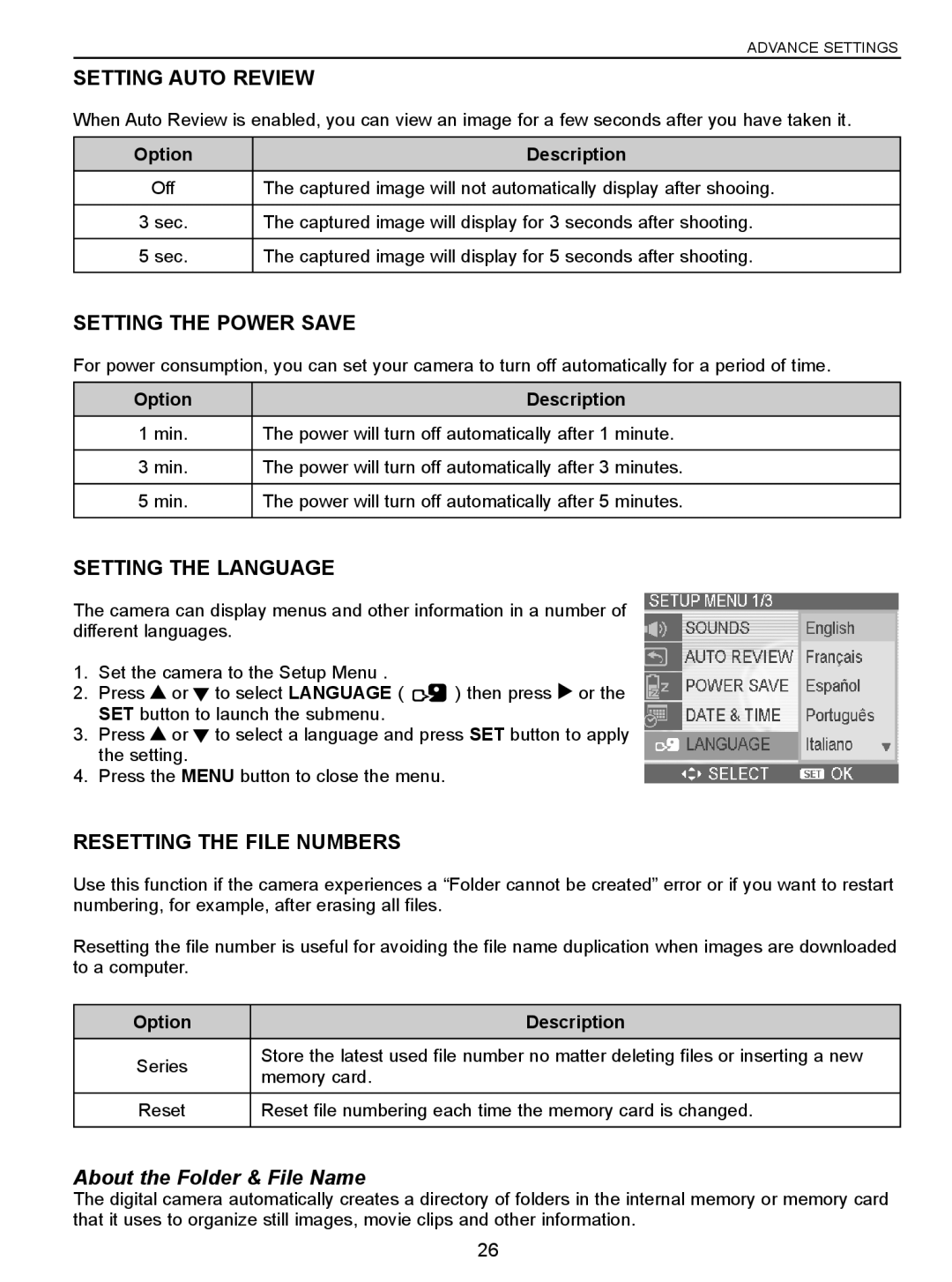 Jenoptik 10.0Z3 manual Setting Auto Review, Setting the Power Save, Setting the Language, Resetting the File Numbers 