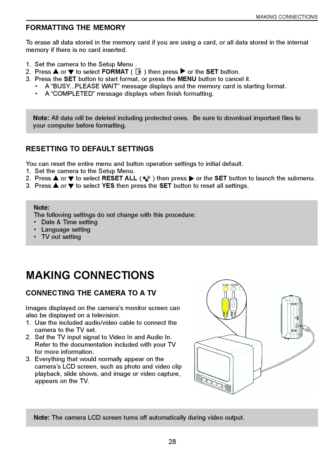 Jenoptik 10.0Z3 Making Connections, Formatting the Memory, Resetting to Default Settings, Connecting the Camera to a TV 