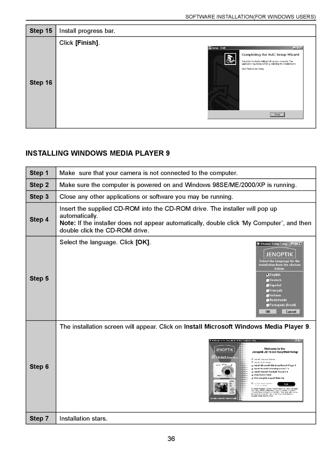 Jenoptik 10.0Z3 manual Installing Windows Media Player, Click Finish Step 