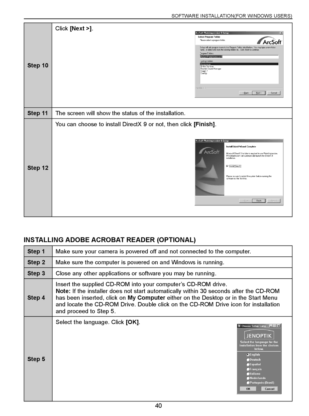 Jenoptik 10.0Z3 manual Installing Adobe Acrobat Reader Optional 