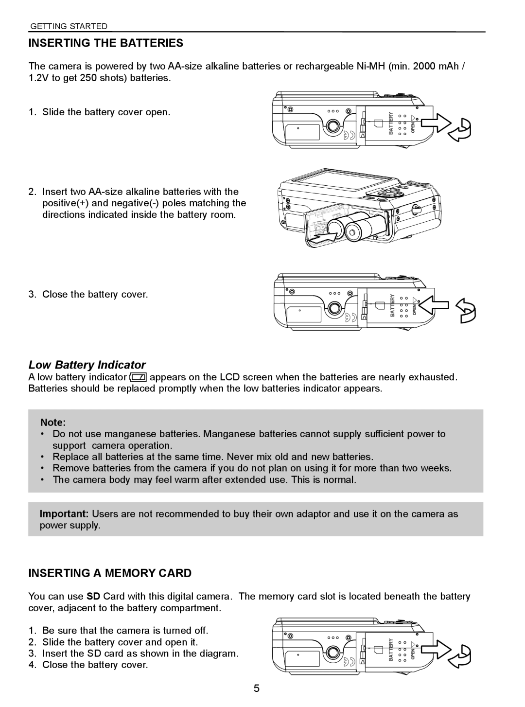 Jenoptik 10.0Z3 manual Inserting the Batteries, Low Battery Indicator, Inserting a Memory Card 