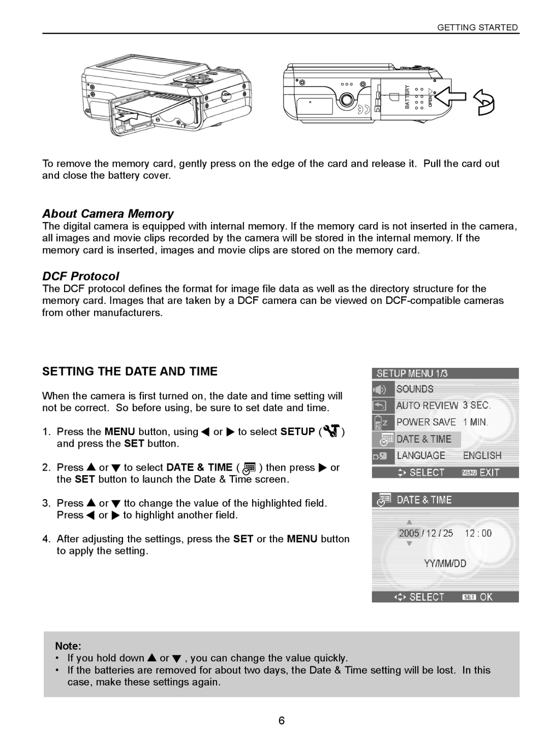 Jenoptik 10.0Z3 manual About Camera Memory, DCF Protocol, Setting the Date and Time 