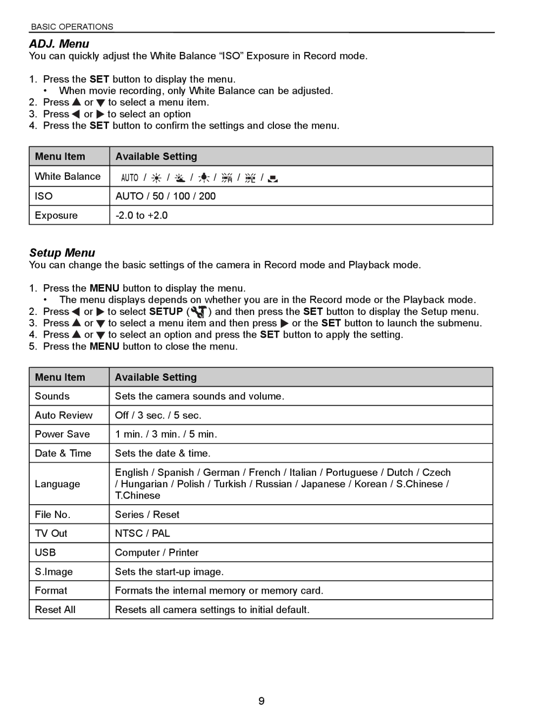 Jenoptik 5.0z3 manual ADJ. Menu, Setup Menu, Menu Item Available Setting 