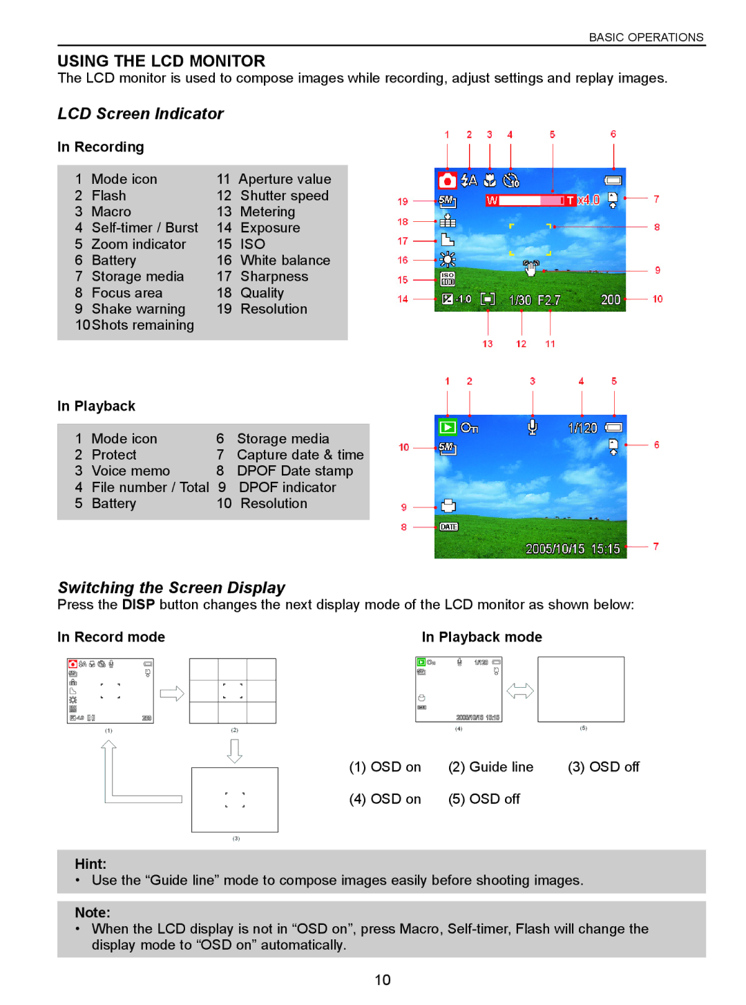 Jenoptik 5.0z3 manual Using the LCD Monitor, LCD Screen Indicator, Switching the Screen Display 