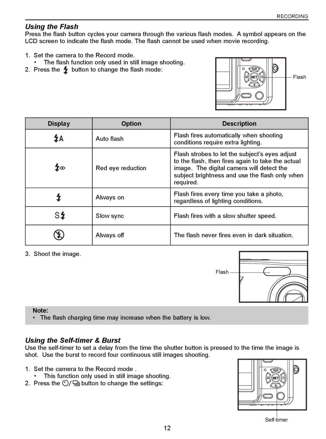 Jenoptik 5.0z3 manual Using the Flash, Using the Self-timer & Burst, Display Option Description 