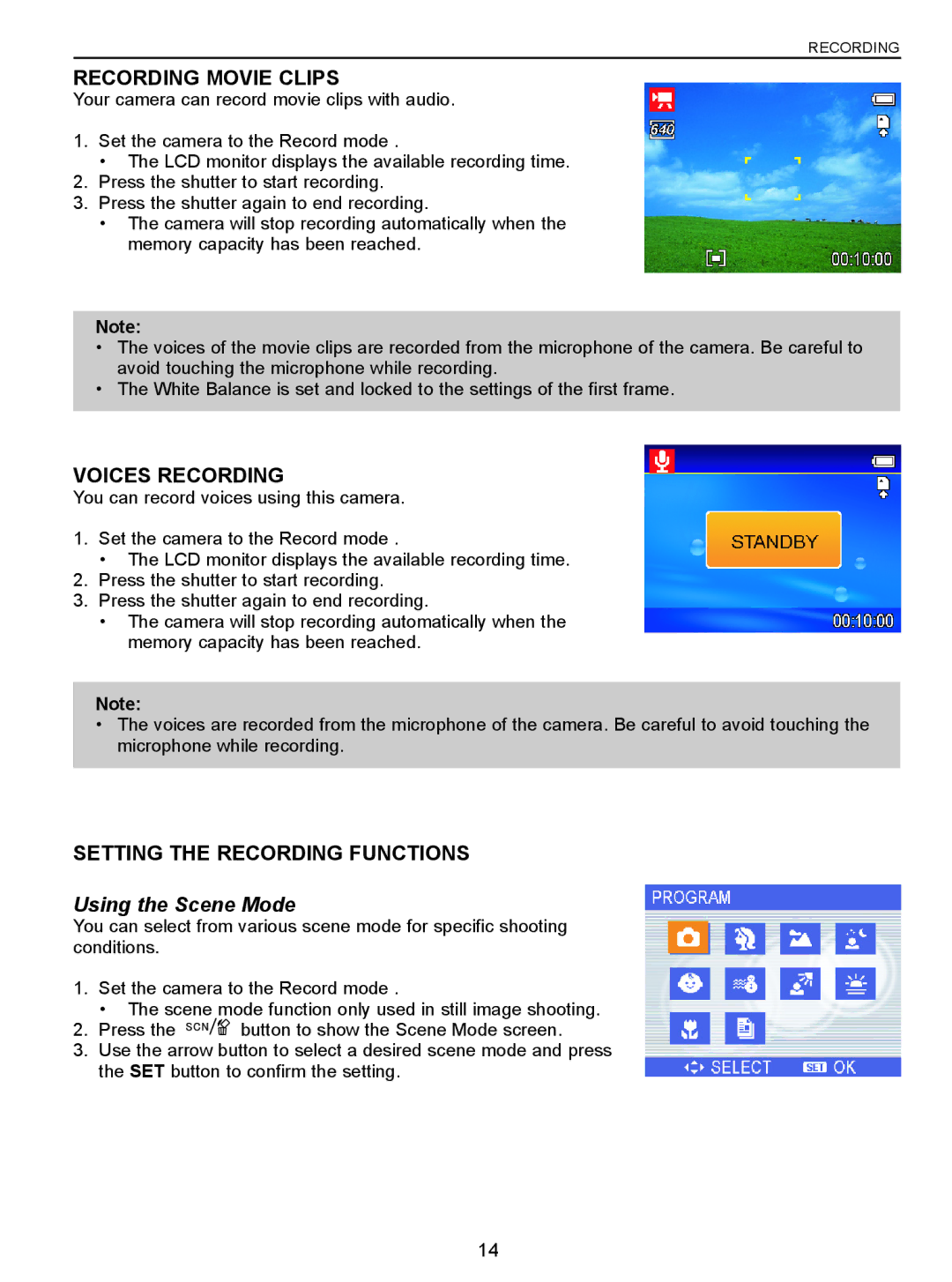 Jenoptik 5.0z3 manual Recording Movie Clips, Voices Recording, Setting the Recording Functions, Using the Scene Mode 