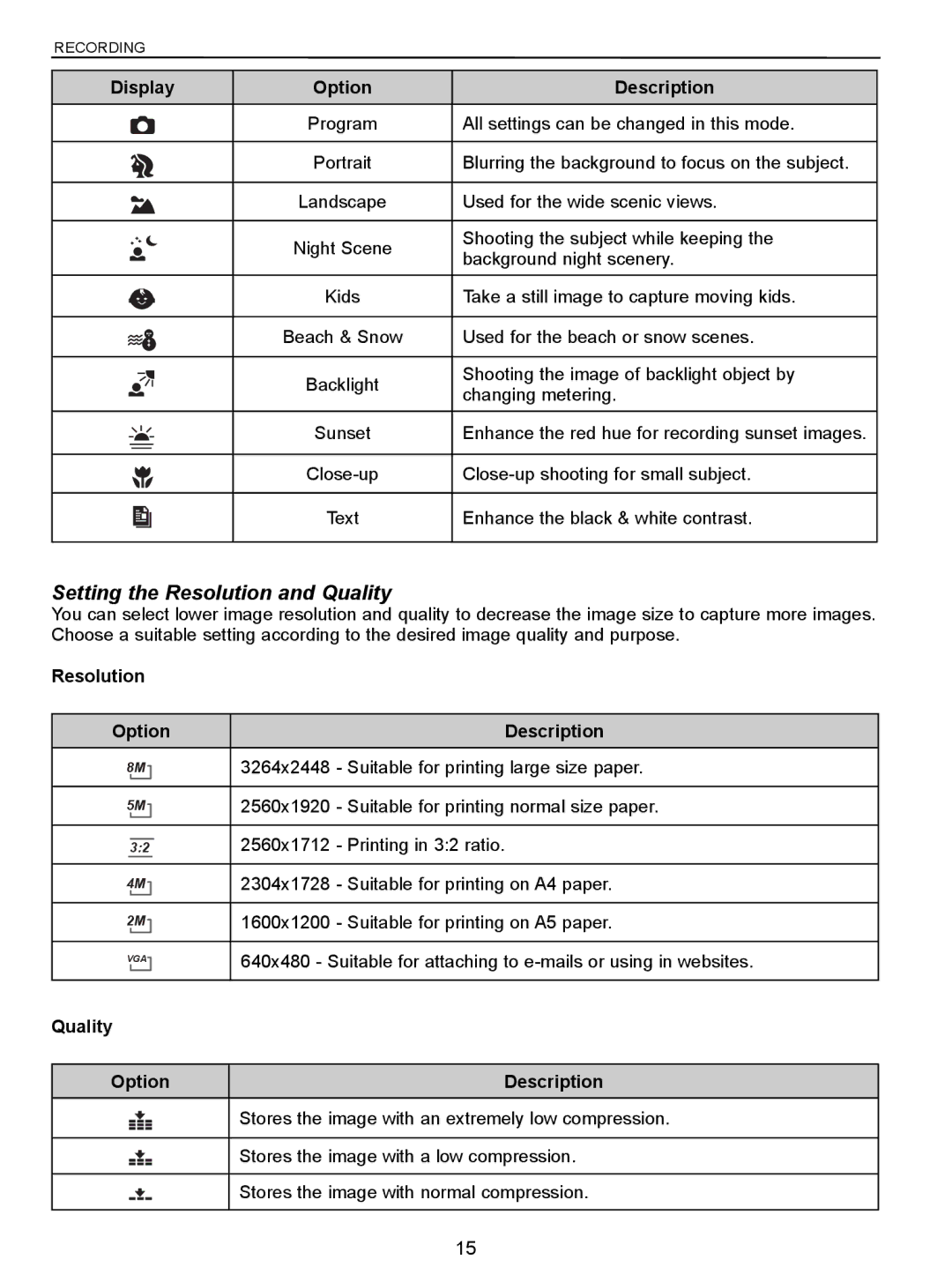 Jenoptik 5.0z3 manual Setting the Resolution and Quality, Resolution Option Description, Quality Option Description 