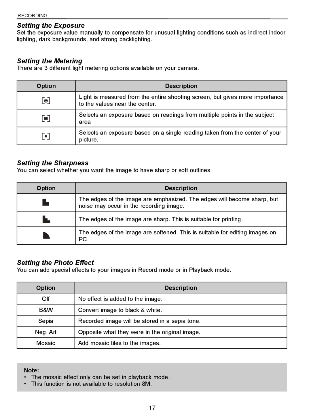 Jenoptik 5.0z3 manual Setting the Exposure, Setting the Metering, Setting the Sharpness, Setting the Photo Effect 