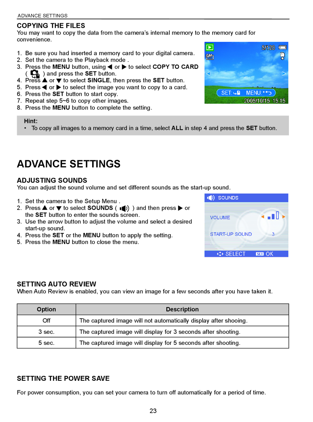 Jenoptik 5.0z3 manual Advance Settings, Copying the Files, Adjusting Sounds, Setting Auto Review, Setting the Power Save 