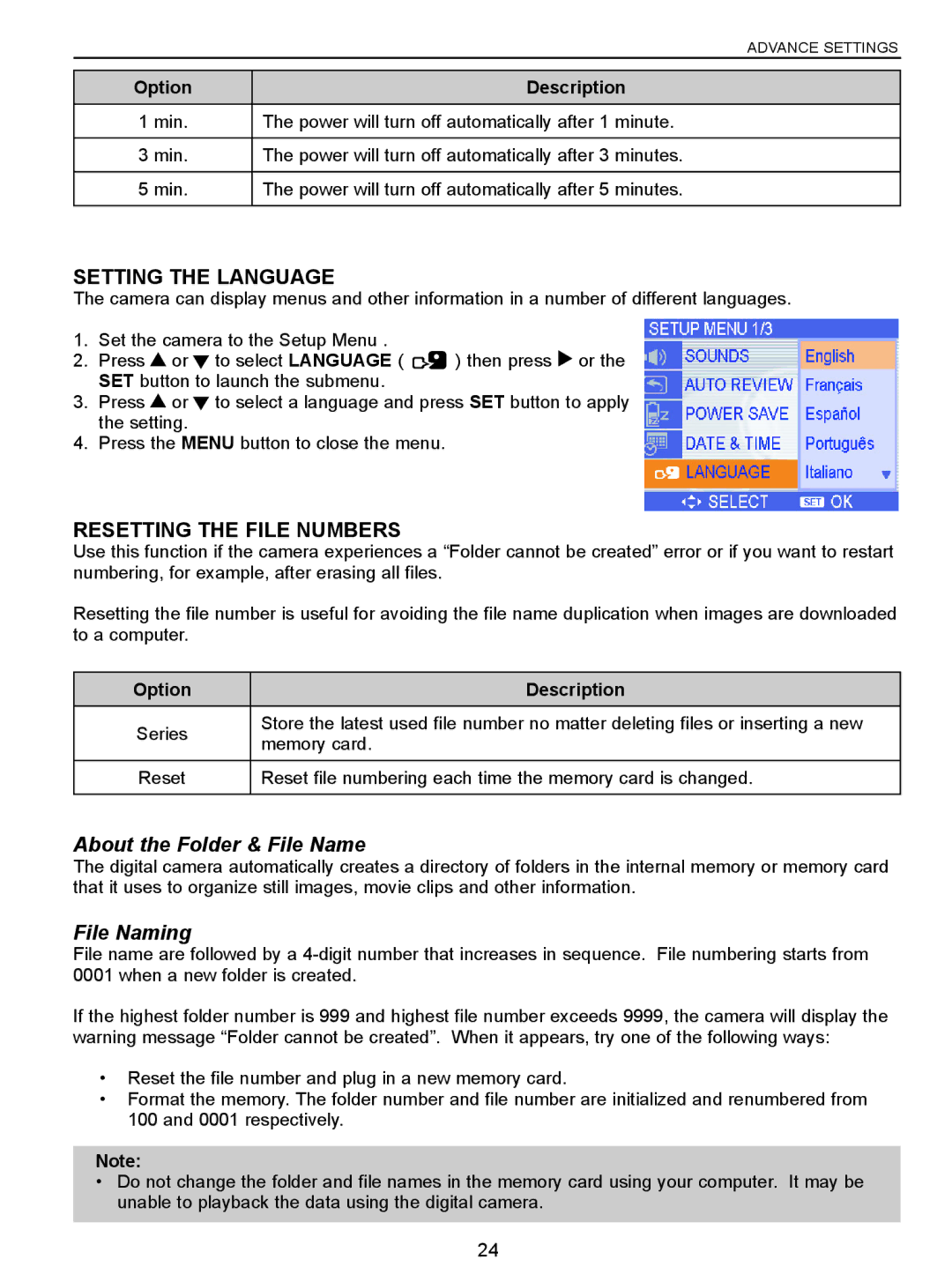 Jenoptik 5.0z3 manual Setting the Language, Resetting the File Numbers, About the Folder & File Name, File Naming 