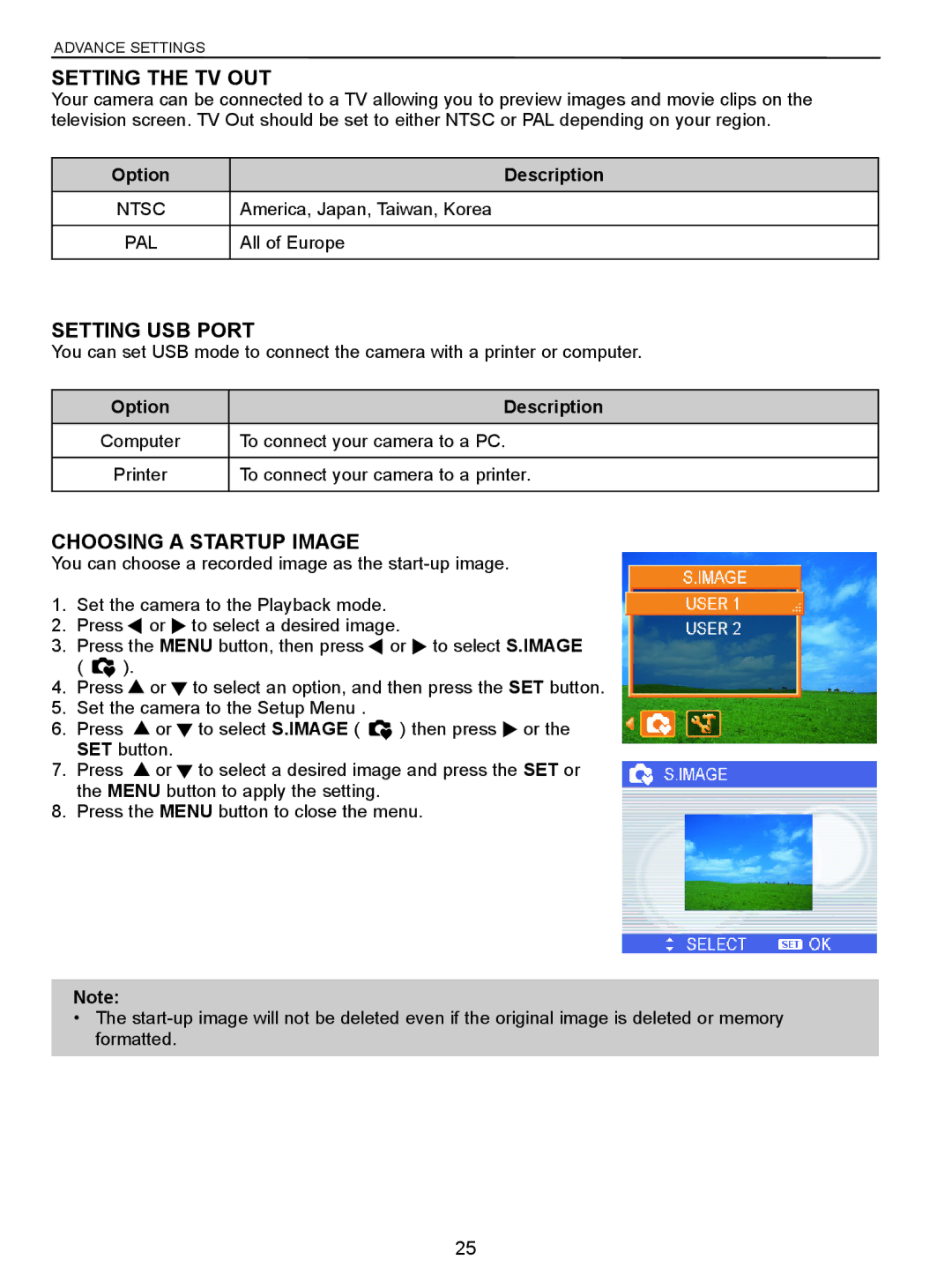 Jenoptik 5.0z3 manual Setting the TV OUT, Setting USB Port, Choosing a Startup Image 