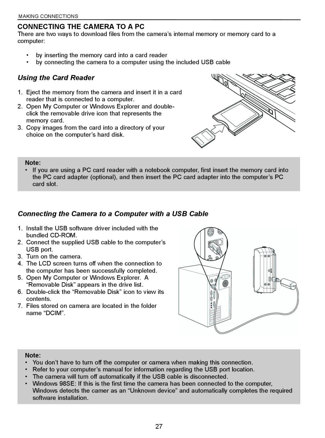 Jenoptik 5.0z3 Connecting the Camera to a PC, Using the Card Reader, Connecting the Camera to a Computer with a USB Cable 