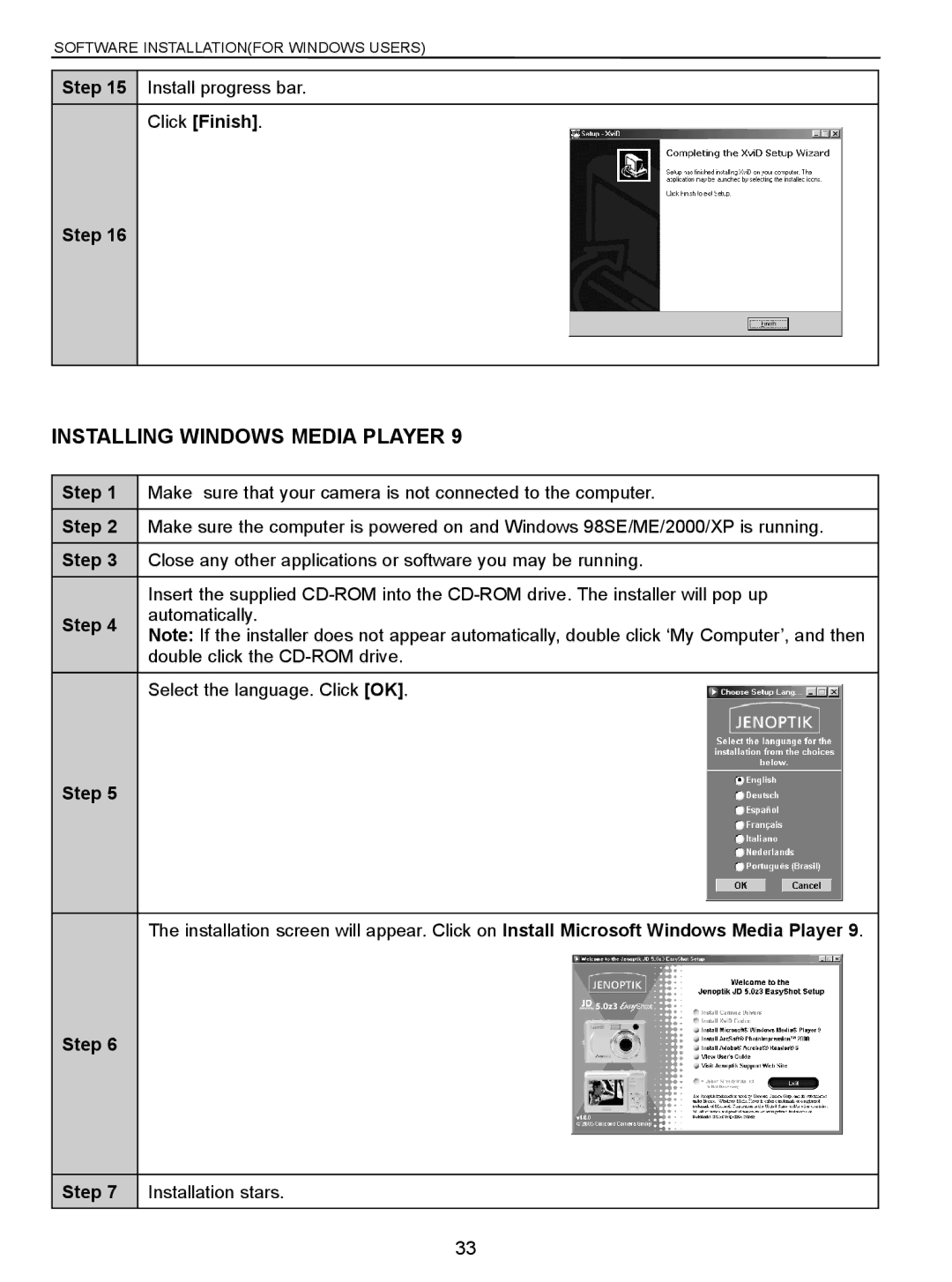 Jenoptik 5.0z3 manual Installing Windows Media Player, Click Finish Step 