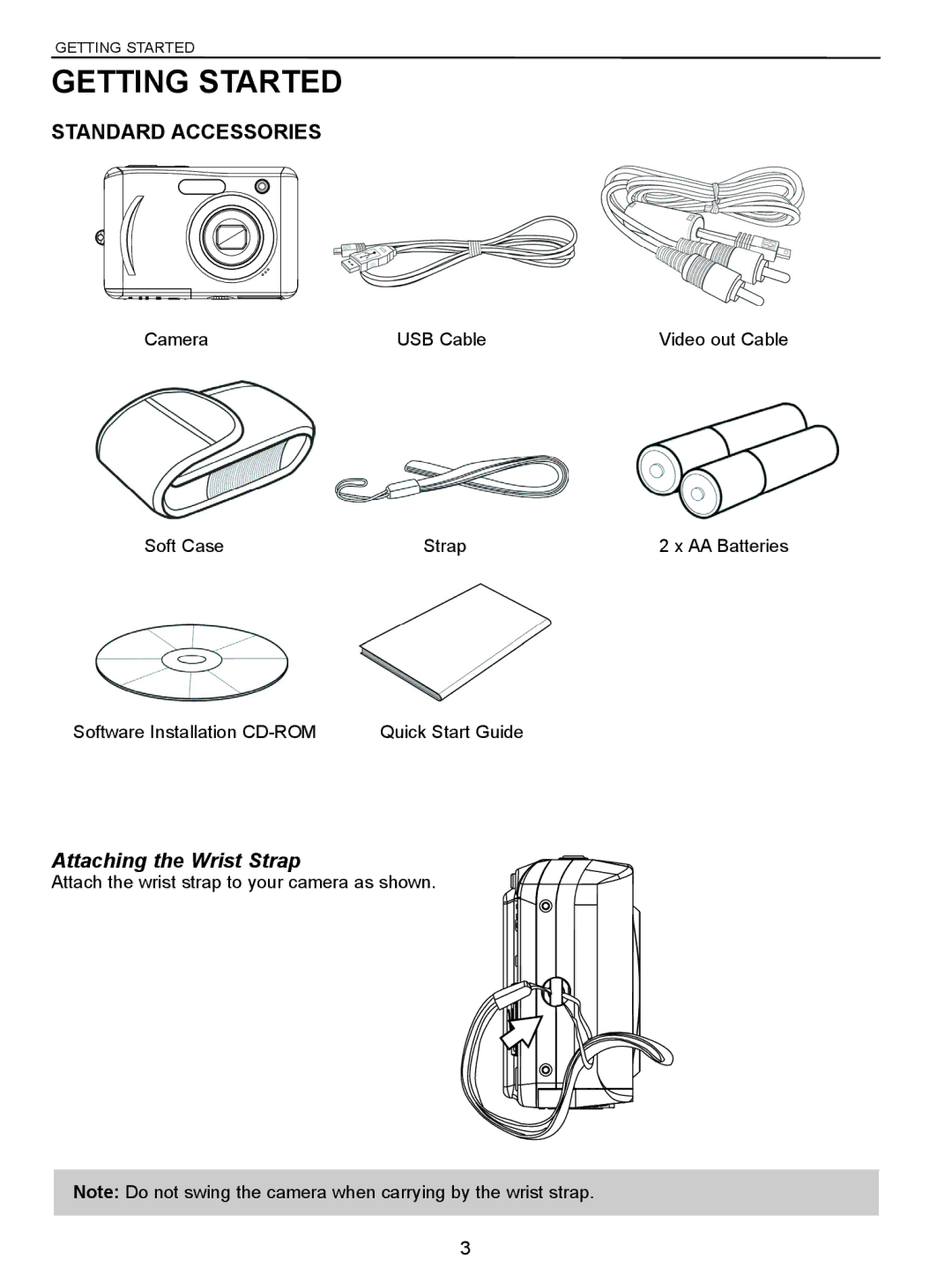 Jenoptik 5.0z3 manual Getting Started, Standard Accessories, Attaching the Wrist Strap 