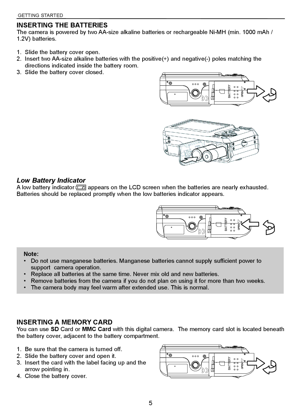 Jenoptik 5.0z3 manual Inserting the Batteries, Low Battery Indicator, Inserting a Memory Card 