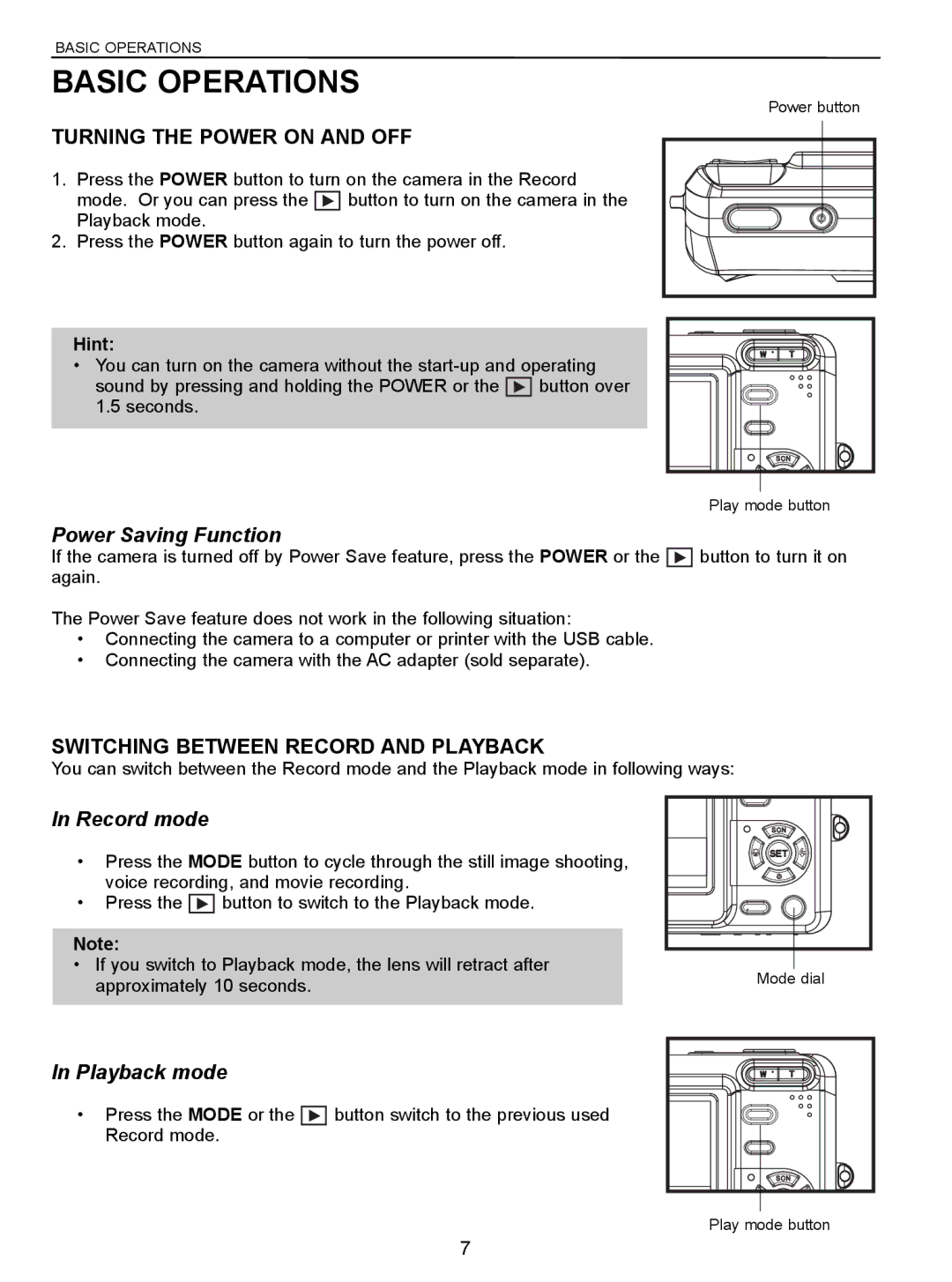 Jenoptik 5.0z3 manual Basic Operations, Power Saving Function, Record mode, Playback mode 