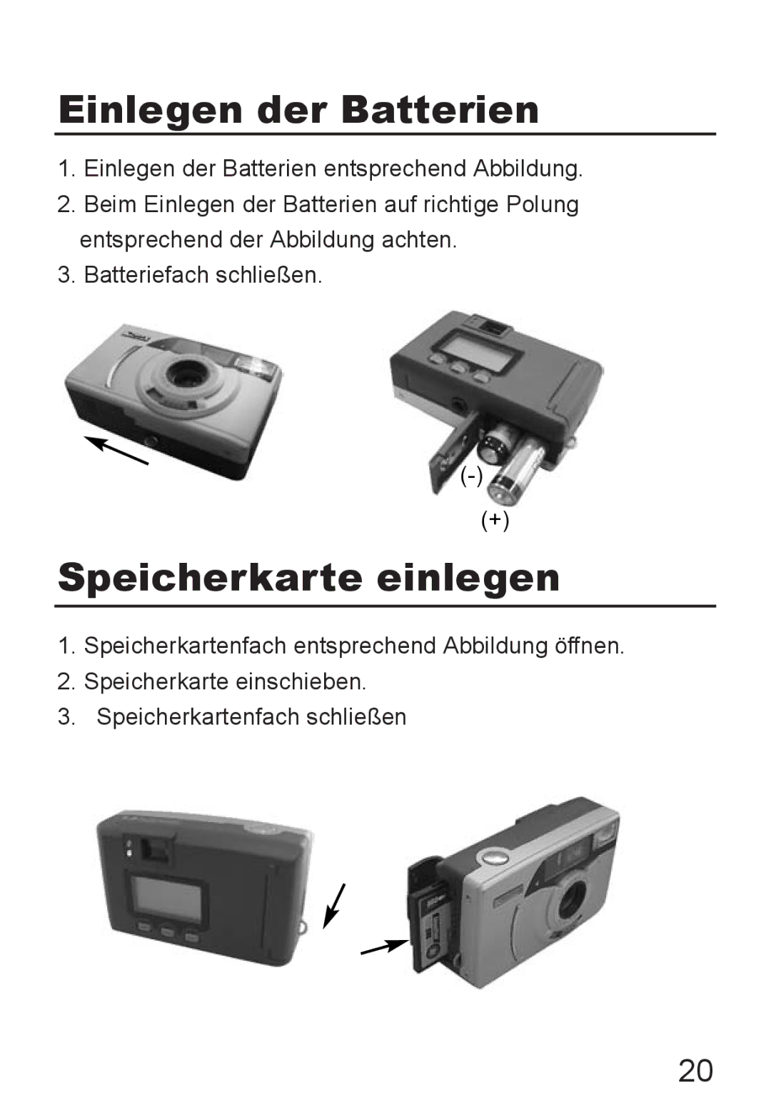 Jenoptik JD 1300F manual Einlegen der Batterien, Speicherkarte einlegen 