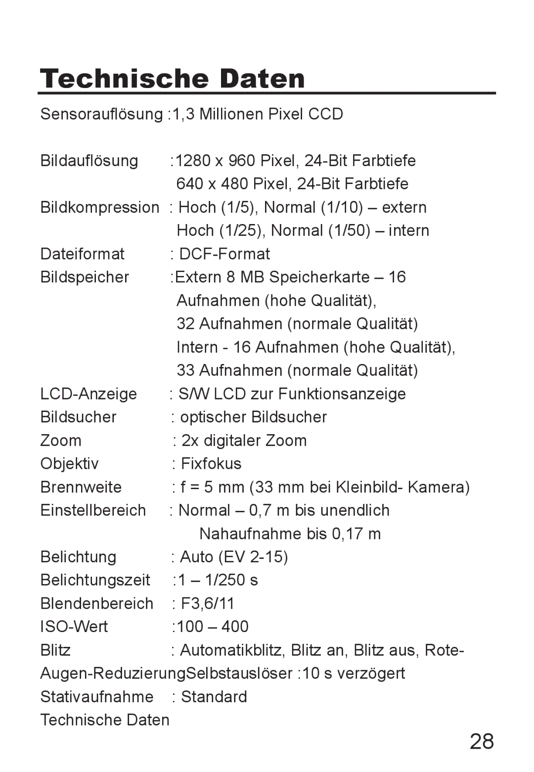 Jenoptik JD 1300F manual Technische Daten 