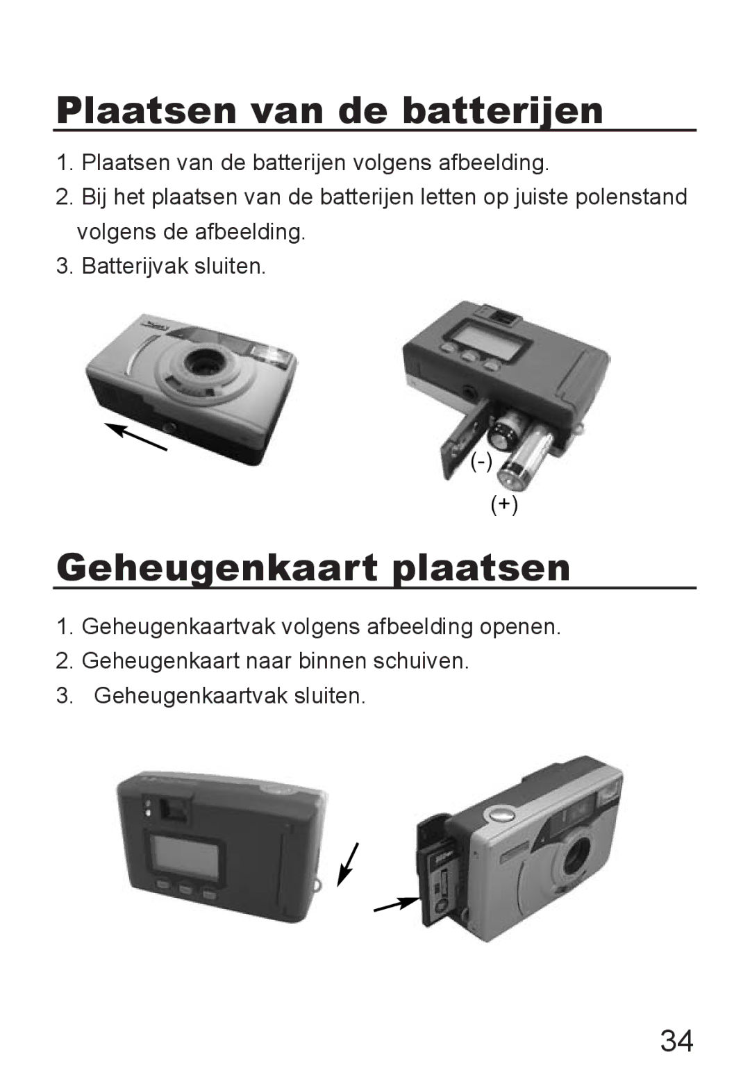 Jenoptik JD 1300F manual Plaatsen van de batterijen, Geheugenkaart plaatsen 