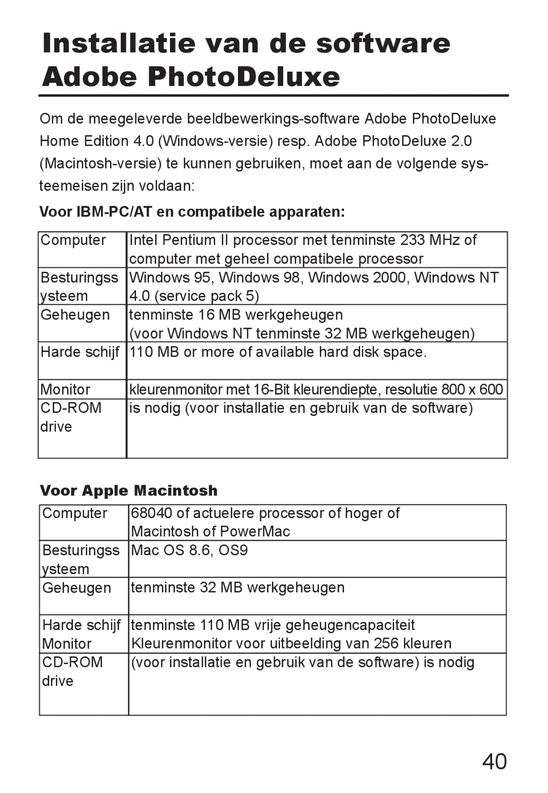 Jenoptik JD 1300F manual Installatie van de software Adobe PhotoDeluxe, Voor IBM-PC/AT en compatibele apparaten 