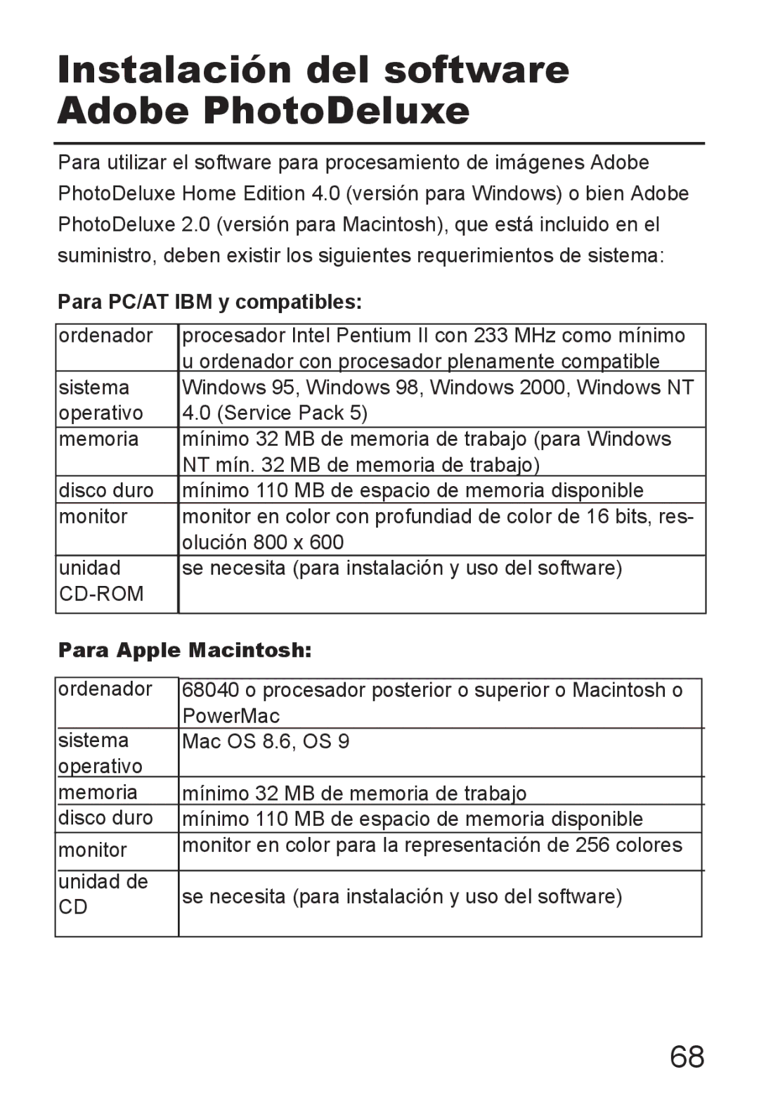 Jenoptik JD 1300F manual Instalación del software Adobe PhotoDeluxe, Para PC/AT IBM y compatibles, Para Apple Macintosh 