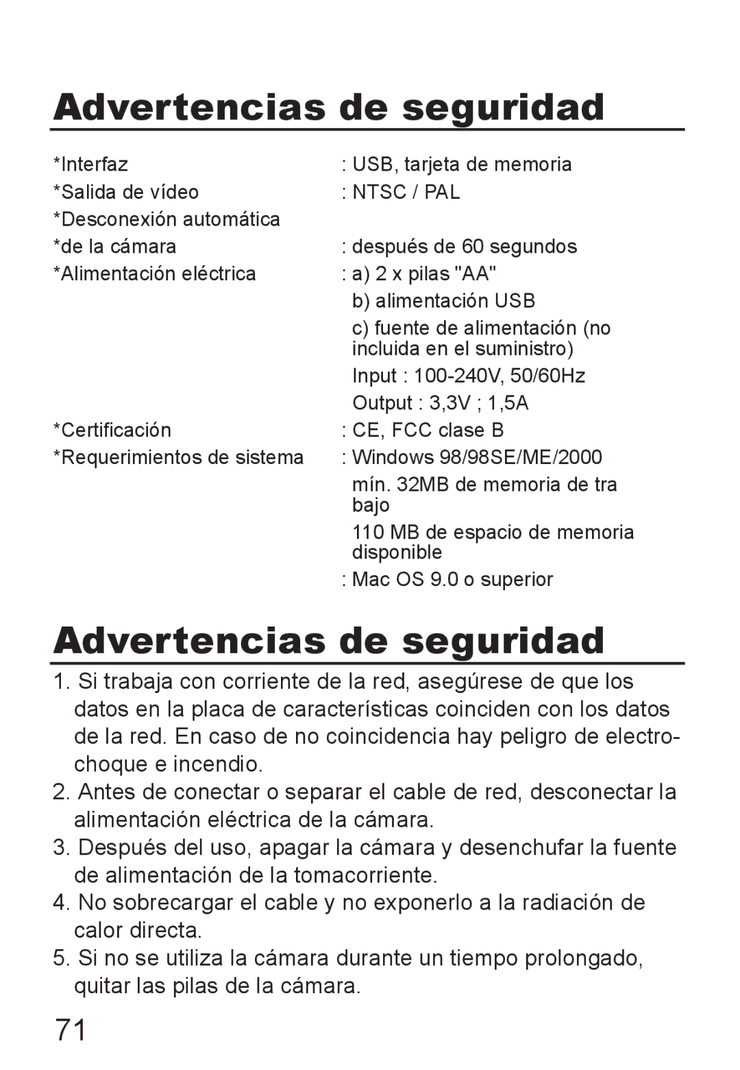 Jenoptik JD 1300F manual Advertencias de seguridad, Ntsc / PAL 